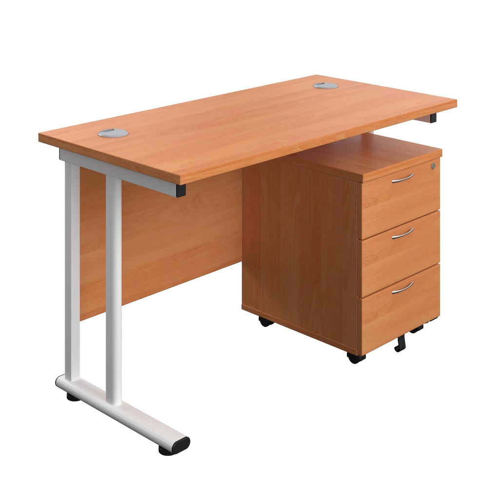 Twin Upright Rectangular Desk + Mobile 3 Drawer Pedestal (FSC) | 1200X600 | Beech/White | 