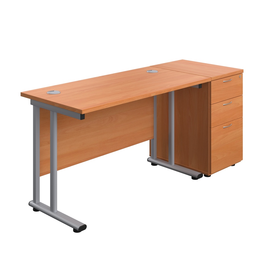 Twin Upright Rectangular Desk + Desk High 3 Drawer Pedestal (FSC) | 1200X600 | Beech/Silver | 