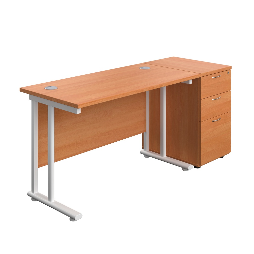 Twin Upright Rectangular Desk + Desk High 3 Drawer Pedestal (FSC) | 1200X600 | Beech/White | 