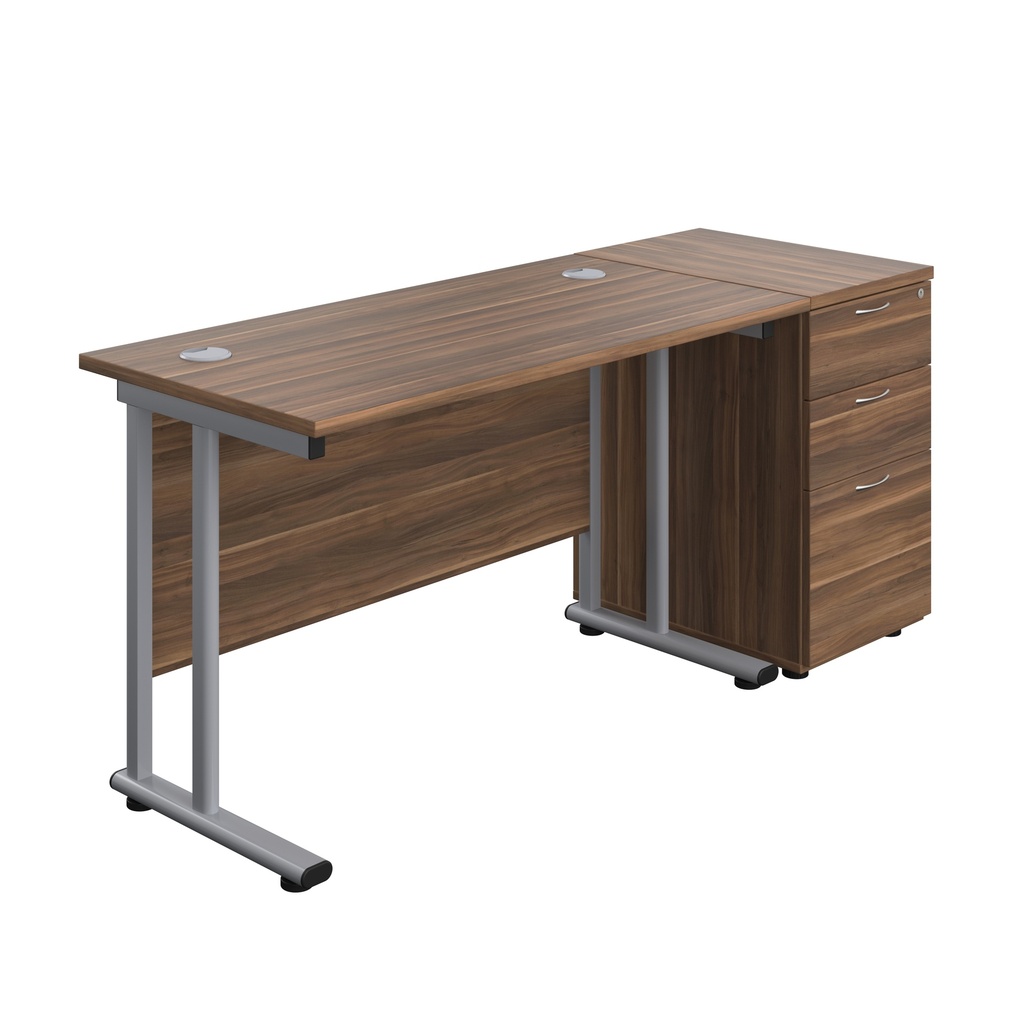 Twin Upright Rectangular Desk + Desk High 3 Drawer Pedestal (FSC) | 1200X600 | Dark Walnut/Silver | 