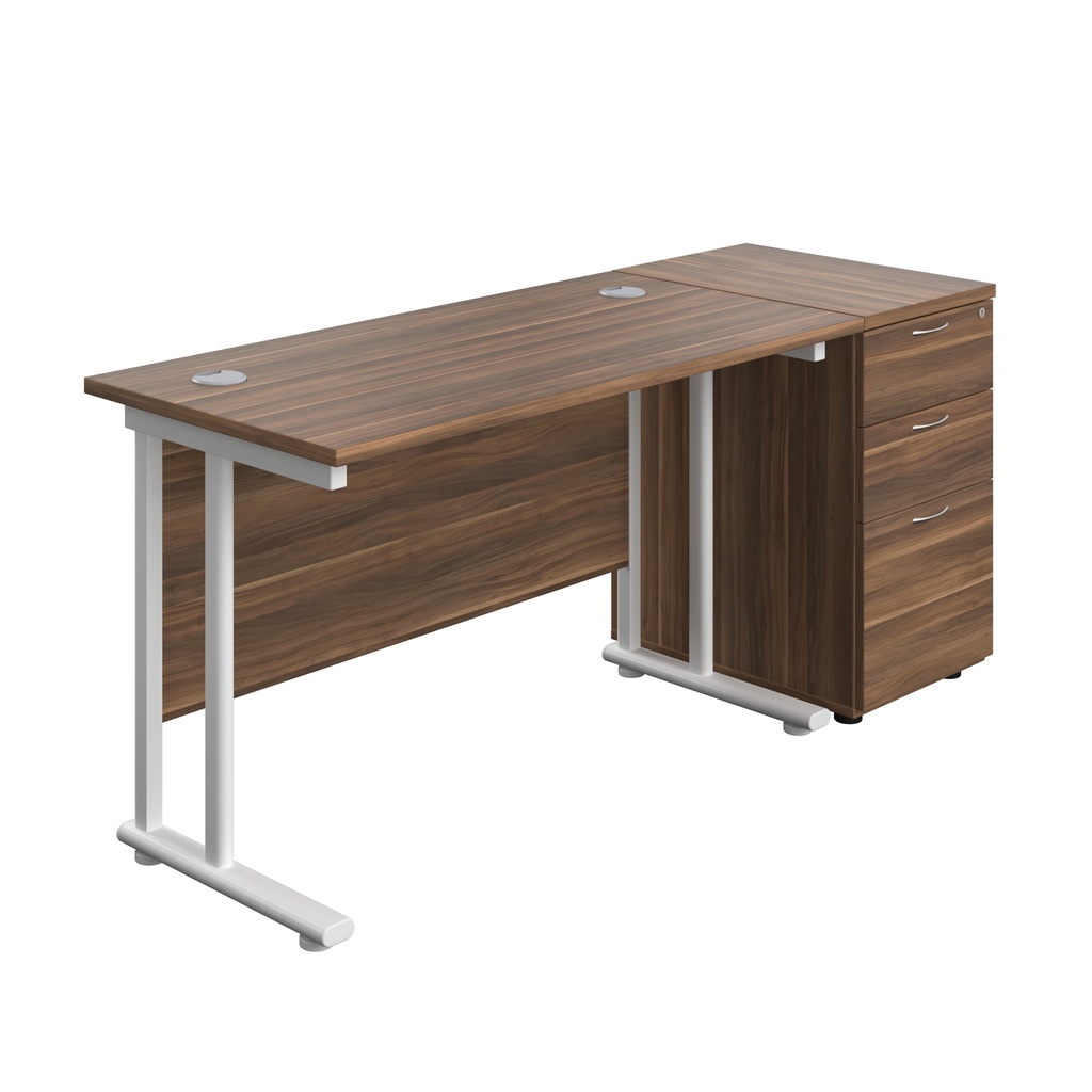 Twin Upright Rectangular Desk + Desk High 3 Drawer Pedestal (FSC) | 1200X600 | Dark Walnut/White | 