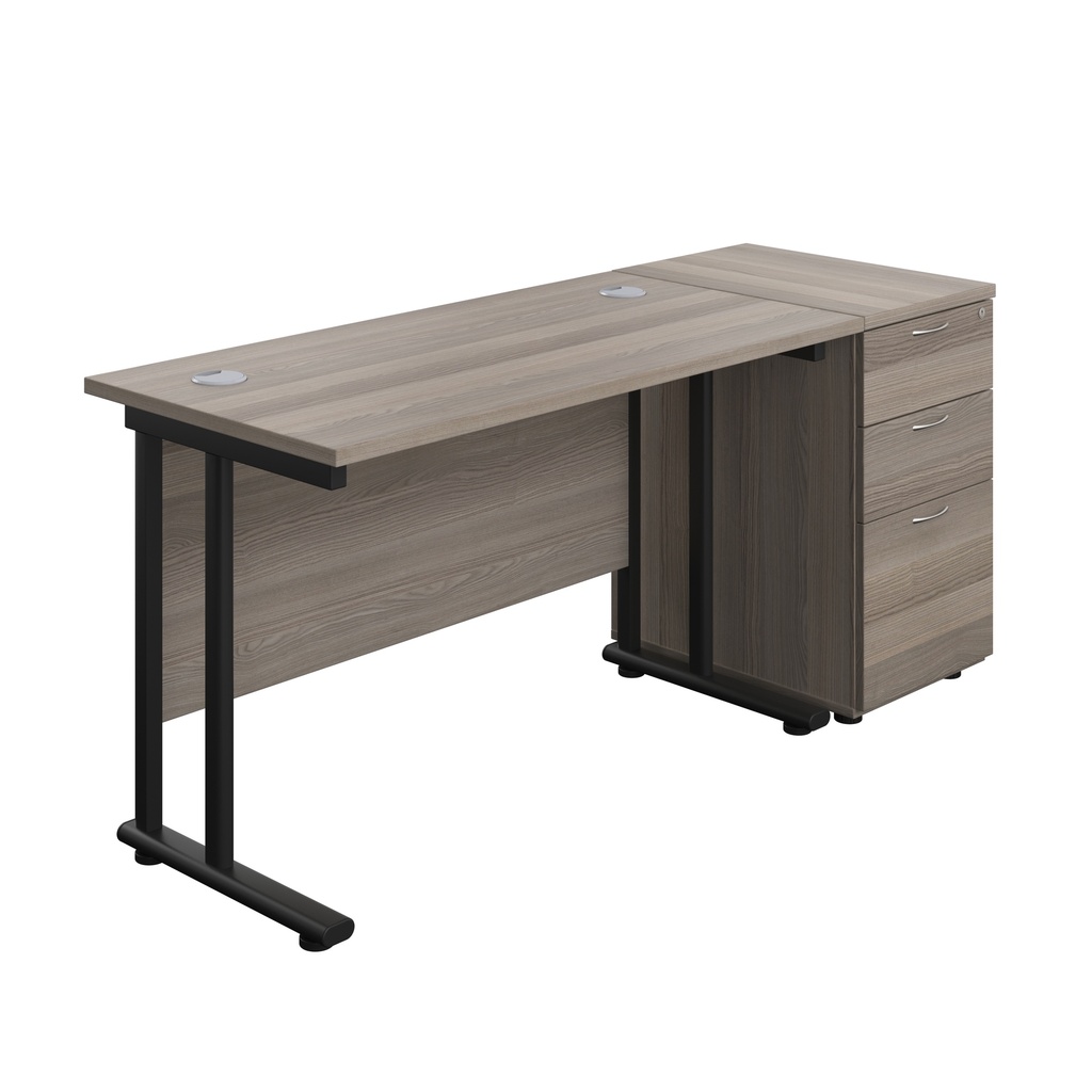 Twin Upright Rectangular Desk + Desk High 3 Drawer Pedestal (FSC) | 1200X600 | Grey Oak/Black | 