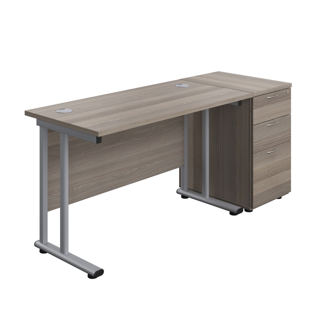 Twin Upright Rectangular Desk + Desk High 3 Drawer Pedestal (FSC) | 1200X600 | Grey Oak/Silver | 