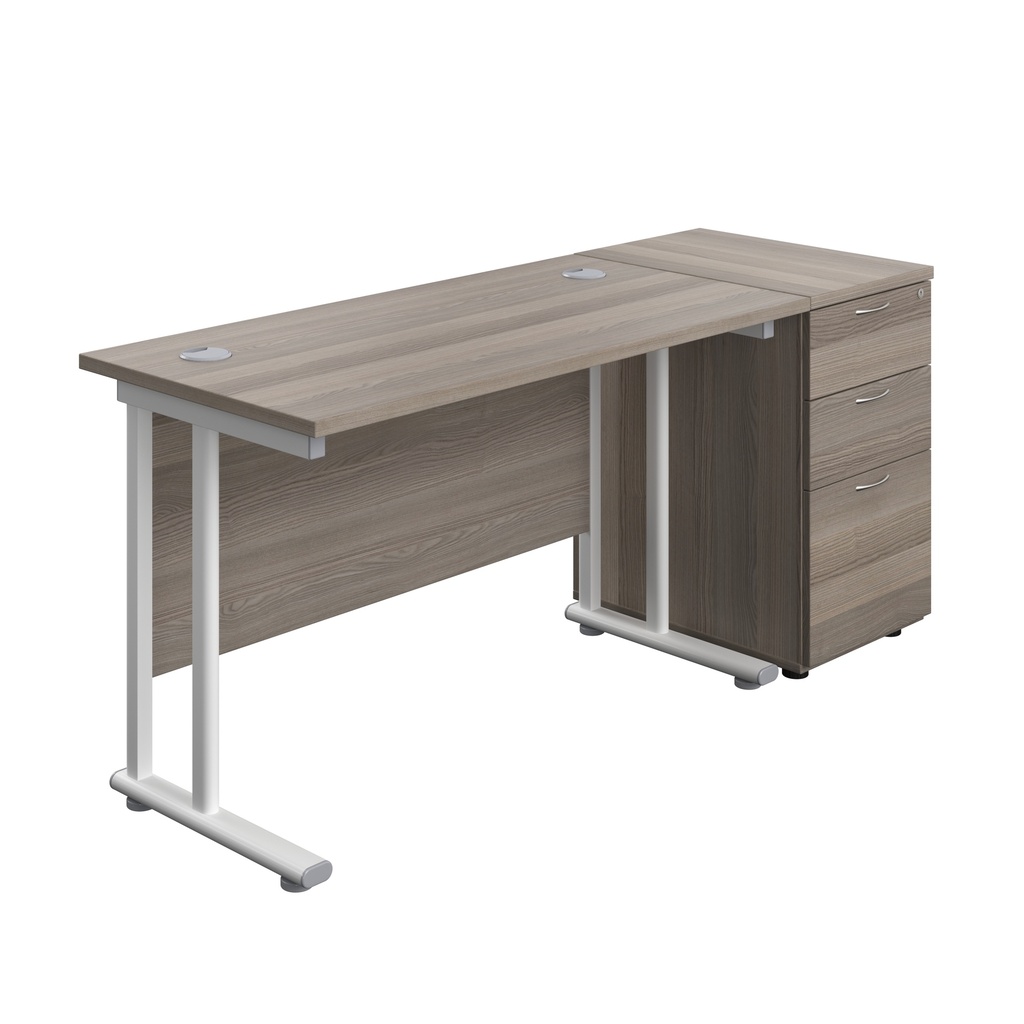 Twin Upright Rectangular Desk + Desk High 3 Drawer Pedestal (FSC) | 1200X600 | Grey Oak/White | 