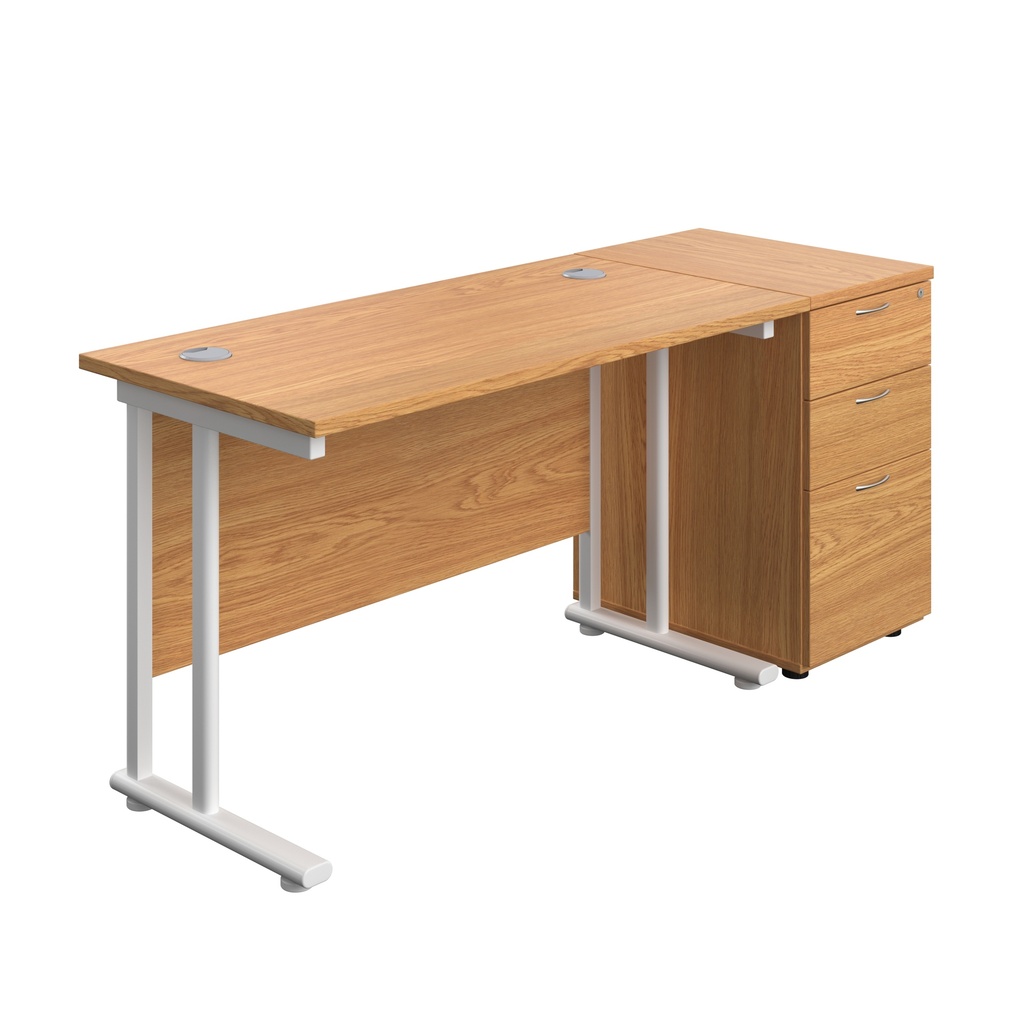 Twin Upright Rectangular Desk + Desk High 3 Drawer Pedestal (FSC) | 1200X600 | Nova Oak/White | 
