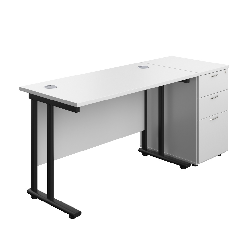 Twin Upright Rectangular Desk + Desk High 3 Drawer Pedestal (FSC) | 1200X600 | White/Black | 