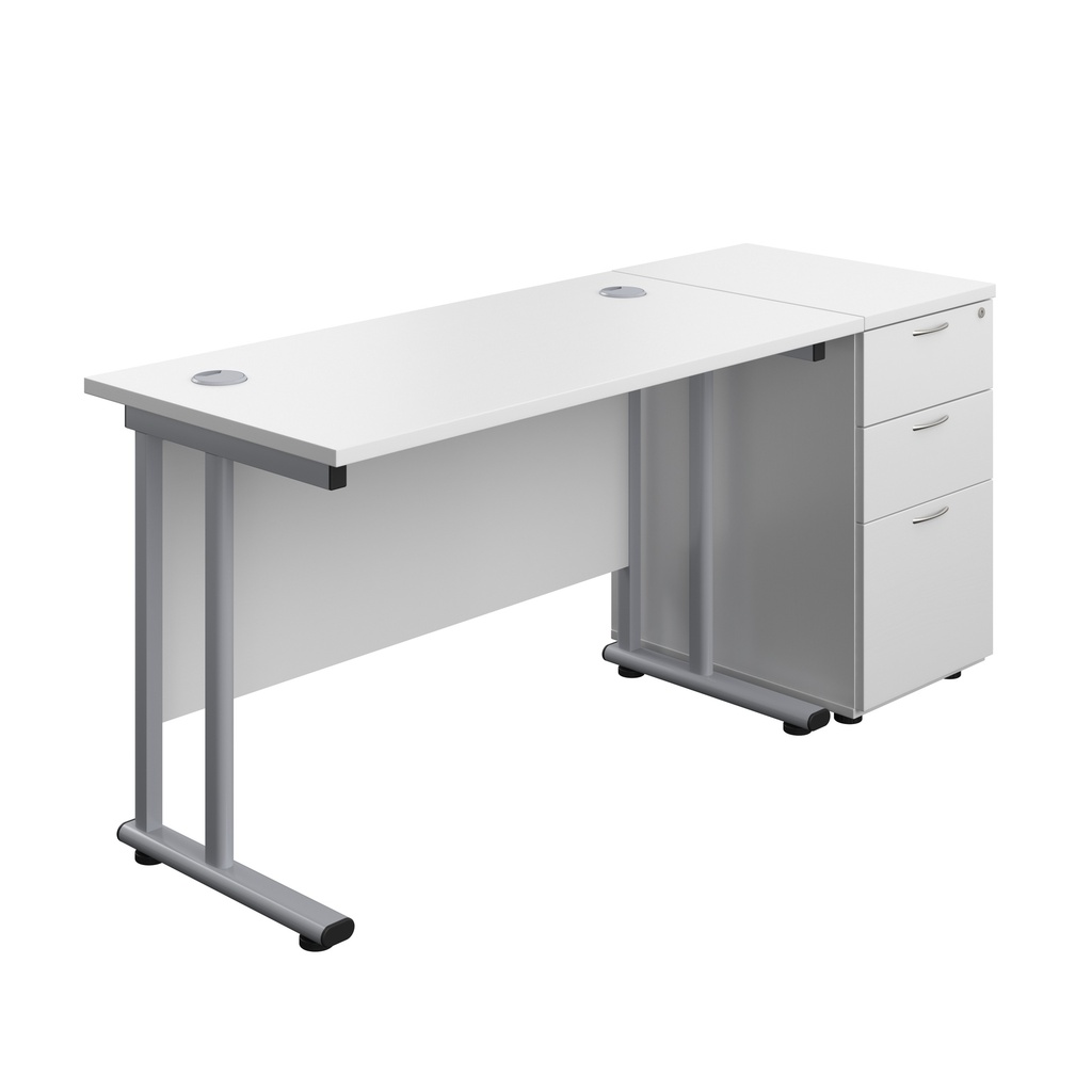 Twin Upright Rectangular Desk + Desk High 3 Drawer Pedestal (FSC) | 1200X600 | White/Silver | 