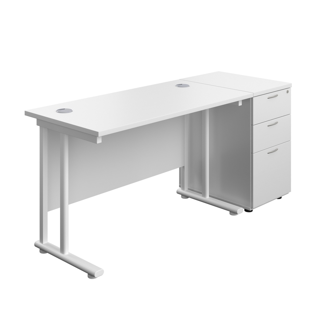 Twin Upright Rectangular Desk + Desk High 3 Drawer Pedestal (FSC) | 1200X600 | White/White | 