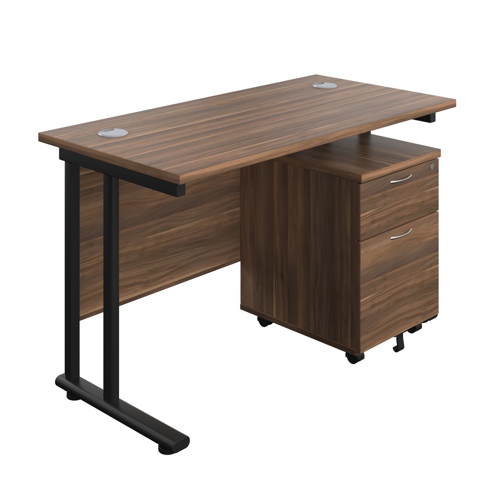 Twin Upright Rectangular Desk + Mobile 2 Drawer Pedestal (FSC) | 1200X600 | Dark Walnut/Black | 