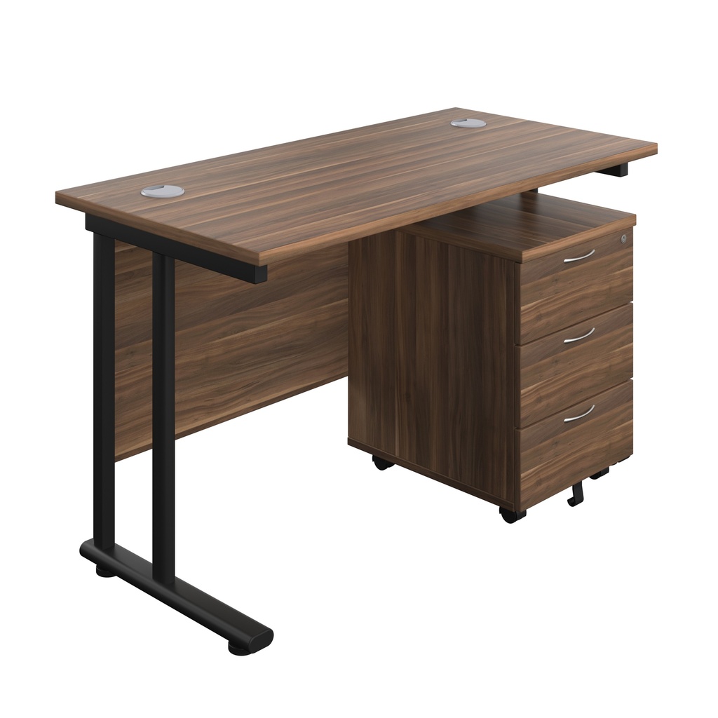 Twin Upright Rectangular Desk + Mobile 3 Drawer Pedestal (FSC) | 1200X600 | Dark Walnut/Black | 