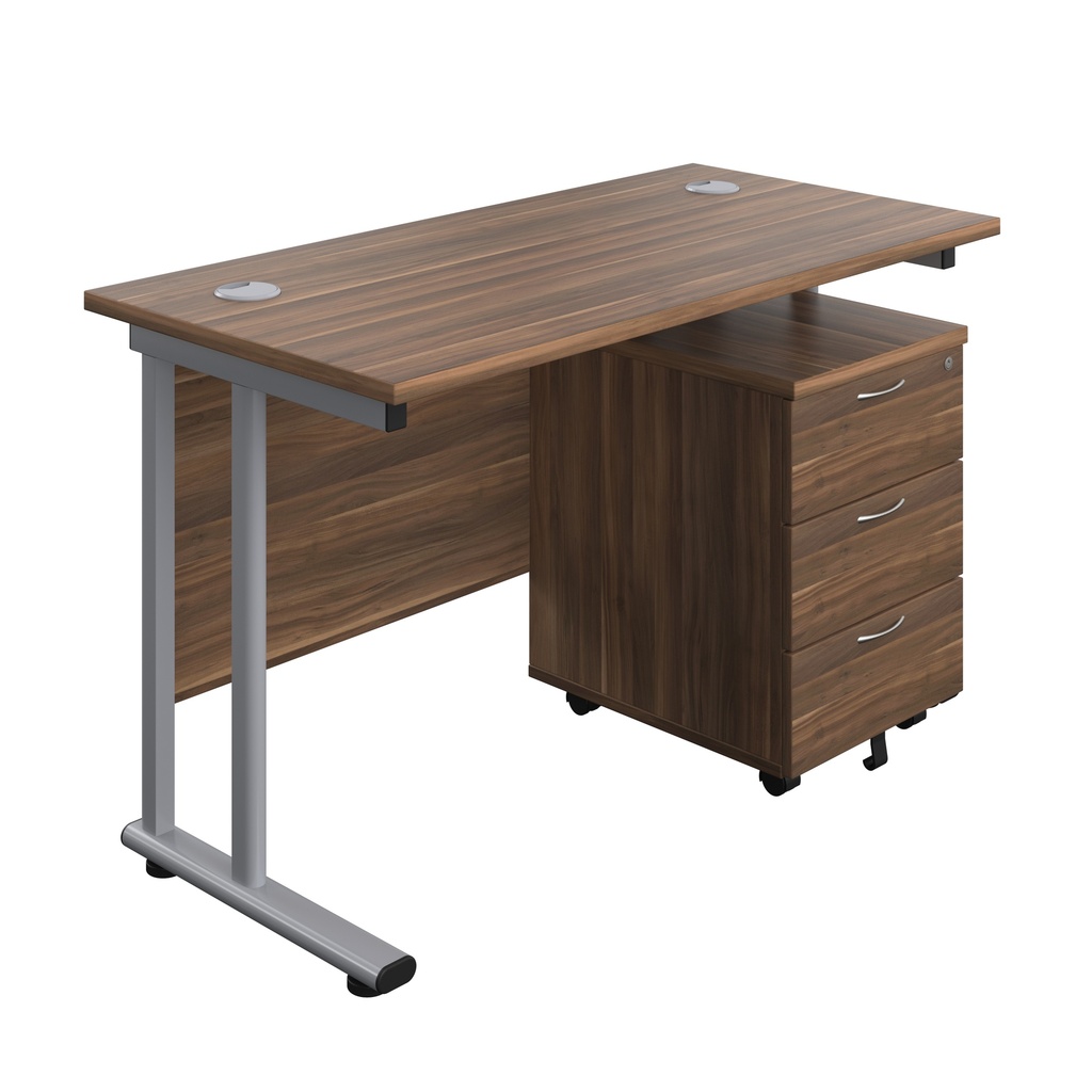 Twin Upright Rectangular Desk + Mobile 3 Drawer Pedestal (FSC) | 1200X600 | Dark Walnut/Silver | 