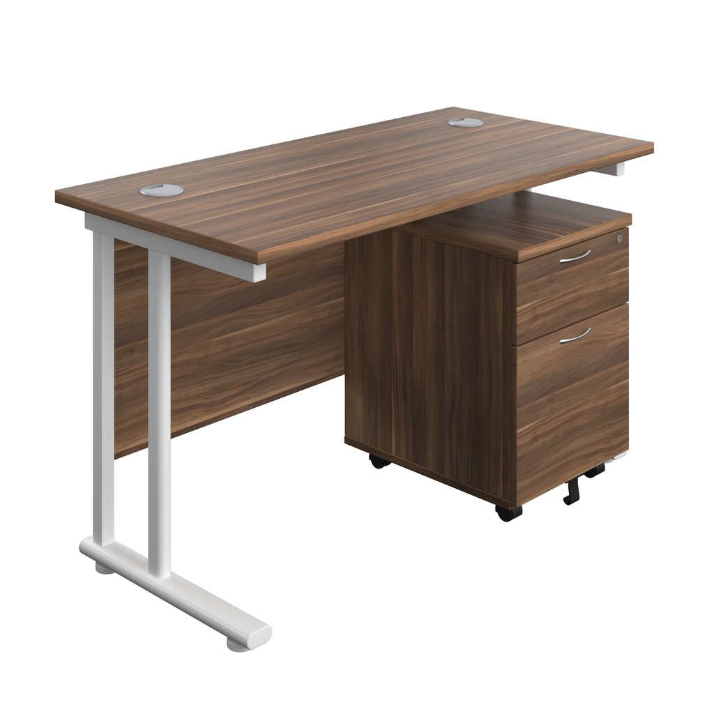 Twin Upright Rectangular Desk + Mobile 2 Drawer Pedestal (FSC) | 1200X600 | Dark Walnut/White | 