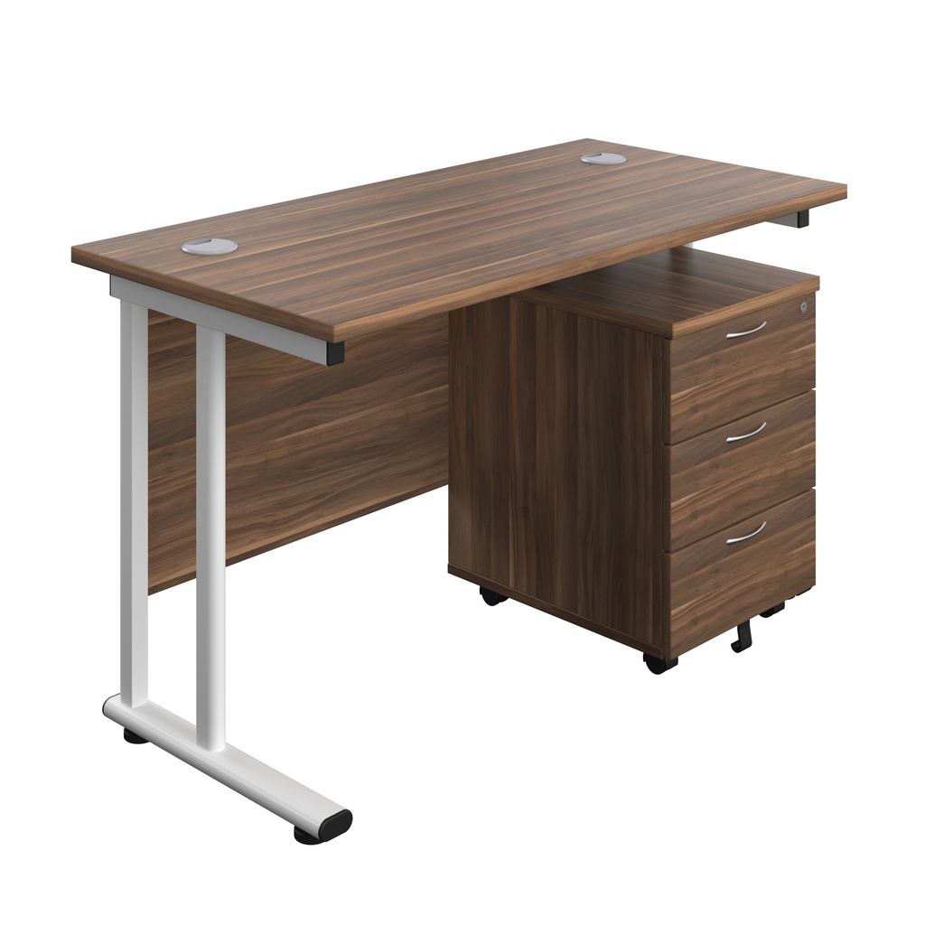 Twin Upright Rectangular Desk + Mobile 3 Drawer Pedestal (FSC) | 1200X600 | Dark Walnut/White | 