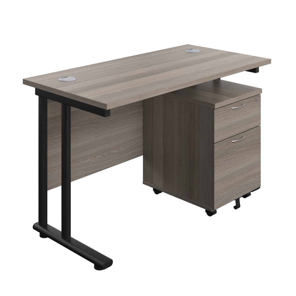 Twin Upright Rectangular Desk + Mobile 2 Drawer Pedestal (FSC) | 1200X600 | Grey Oak/Black | 