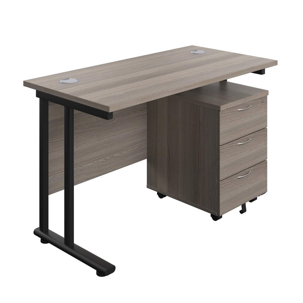 Twin Upright Rectangular Desk + Mobile 3 Drawer Pedestal (FSC) | 1200X600 | Grey Oak/Black | 