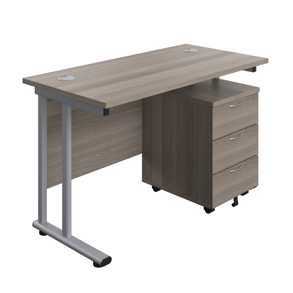 Twin Upright Rectangular Desk + Mobile 3 Drawer Pedestal (FSC) | 1200X600 | Grey Oak/Silver | 