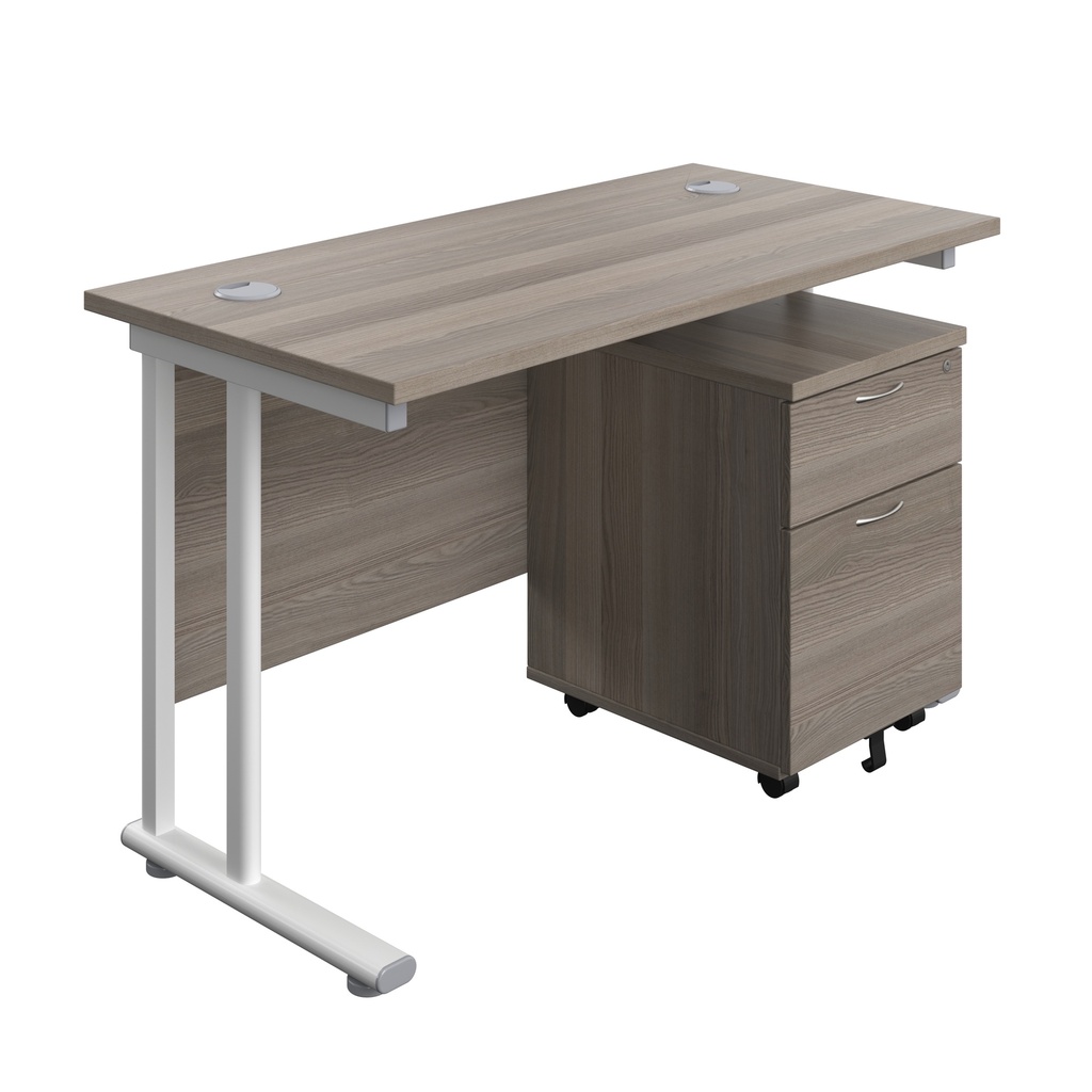 Twin Upright Rectangular Desk + Mobile 2 Drawer Pedestal (FSC) | 1200X600 | Grey Oak/White | 