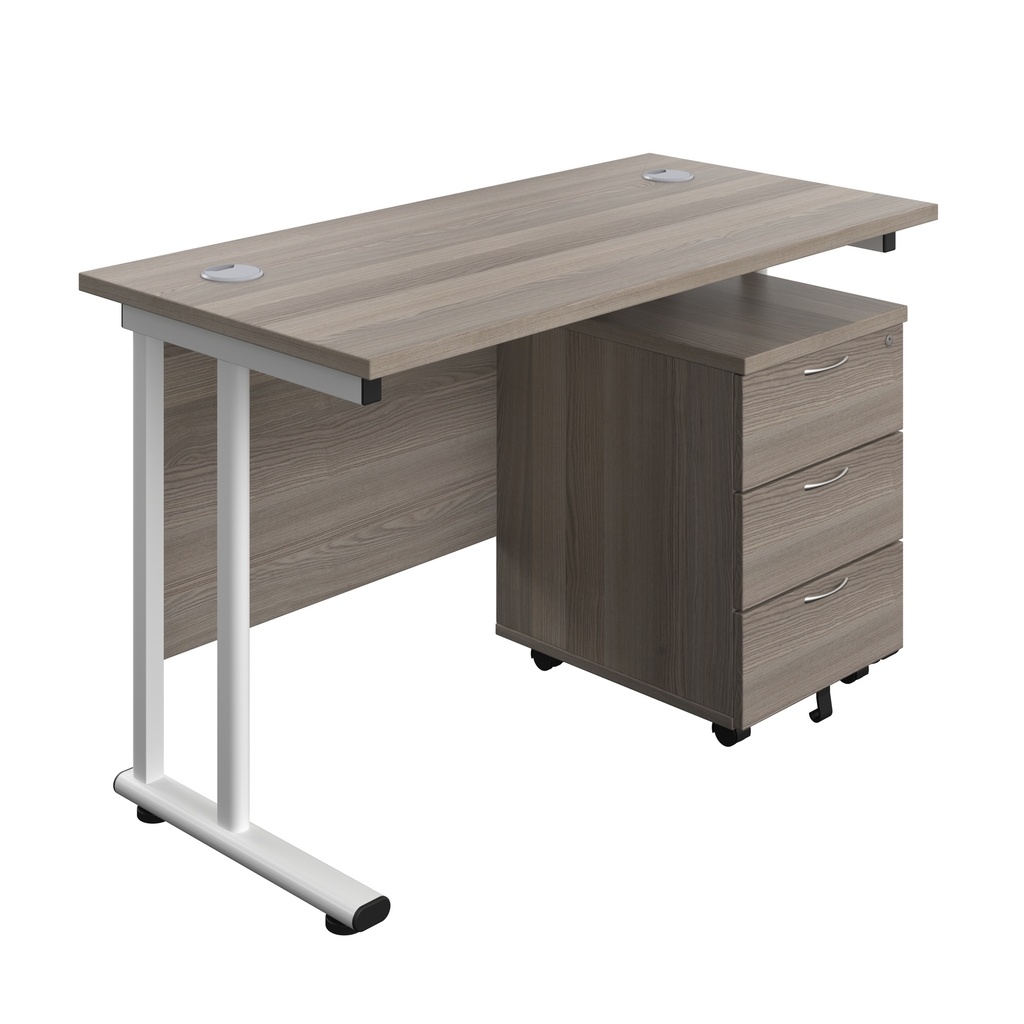 Twin Upright Rectangular Desk + Mobile 3 Drawer Pedestal (FSC) | 1200X600 | Grey Oak/White | 