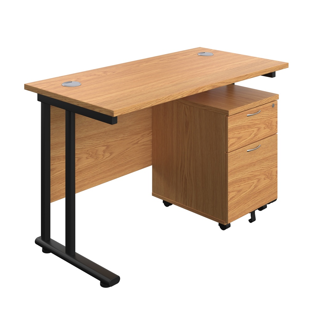 Twin Upright Rectangular Desk + Mobile 2 Drawer Pedestal (FSC) | 1200X600 | Nova Oak/Black | 