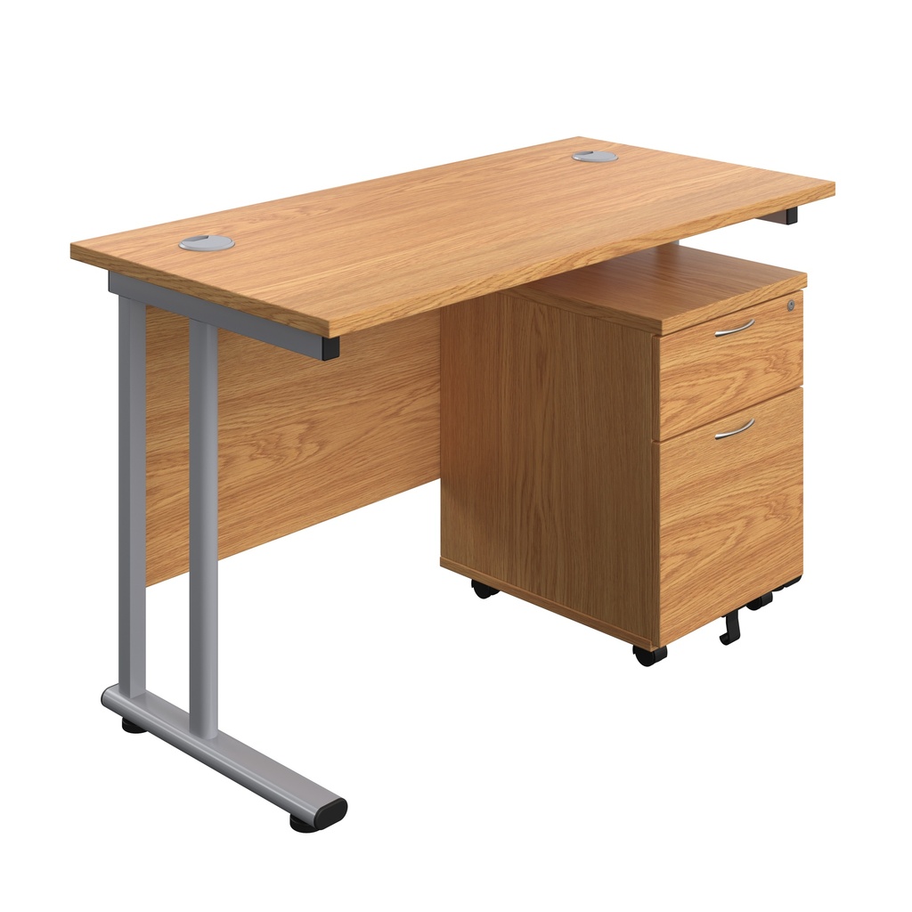 Twin Upright Rectangular Desk + Mobile 2 Drawer Pedestal (FSC) | 1200X600 | Nova Oak/Silver | 