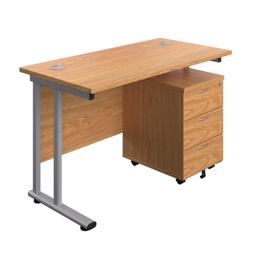 Twin Upright Rectangular Desk + Mobile 3 Drawer Pedestal (FSC) | 1200X600 | Nova Oak/Silver | 