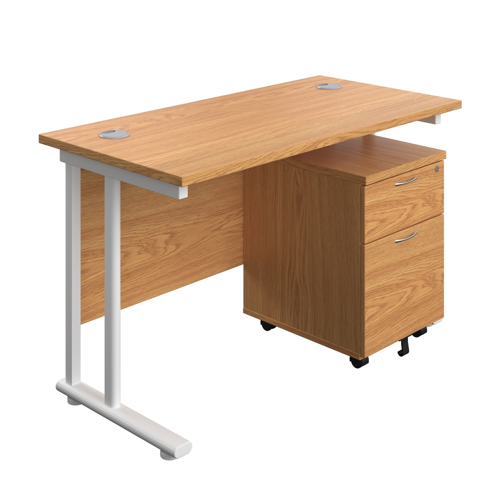 Twin Upright Rectangular Desk + Mobile 2 Drawer Pedestal (FSC) | 1200X600 | Nova Oak/White | 