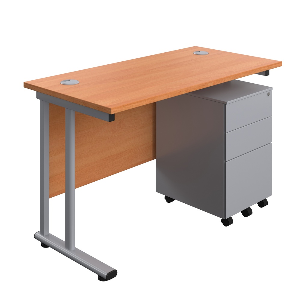 Twin Upright Rectangular Desk + Under Desk Steel Pedestal 3 Drawers (FSC) | 1200X600 | Beech/Silver | 