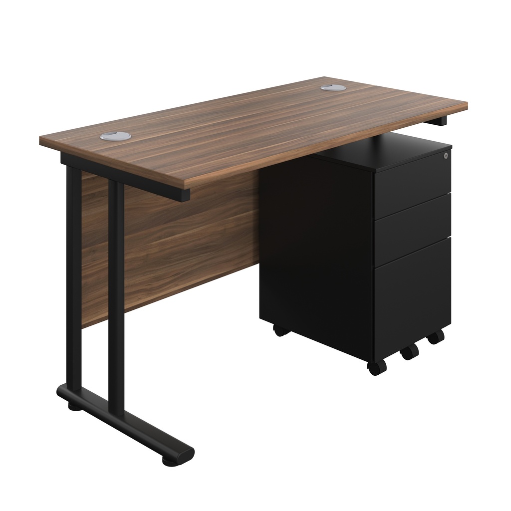 Twin Upright Rectangular Desk + Under Desk Steel Pedestal 3 Drawers (FSC) | 1200X600 | Dark Walnut/Black | 