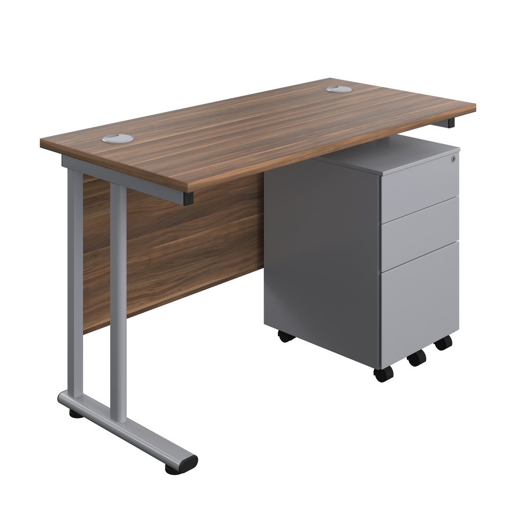 Twin Upright Rectangular Desk + Under Desk Steel Pedestal 3 Drawers (FSC) | 1200X600 | Dark Walnut/Silver | 