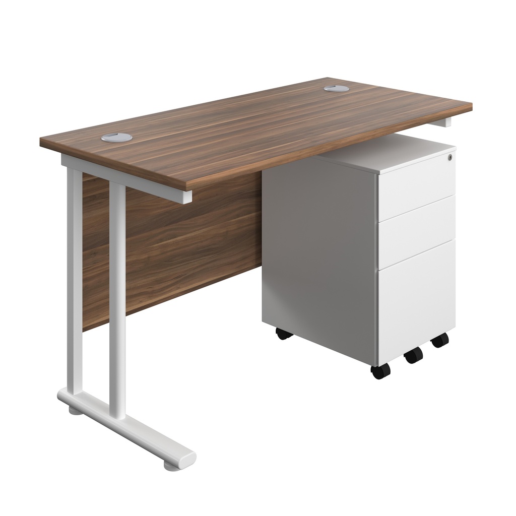 Twin Upright Rectangular Desk + Under Desk Steel Pedestal 3 Drawers (FSC) | 1200X600 | Dark Walnut/White | 