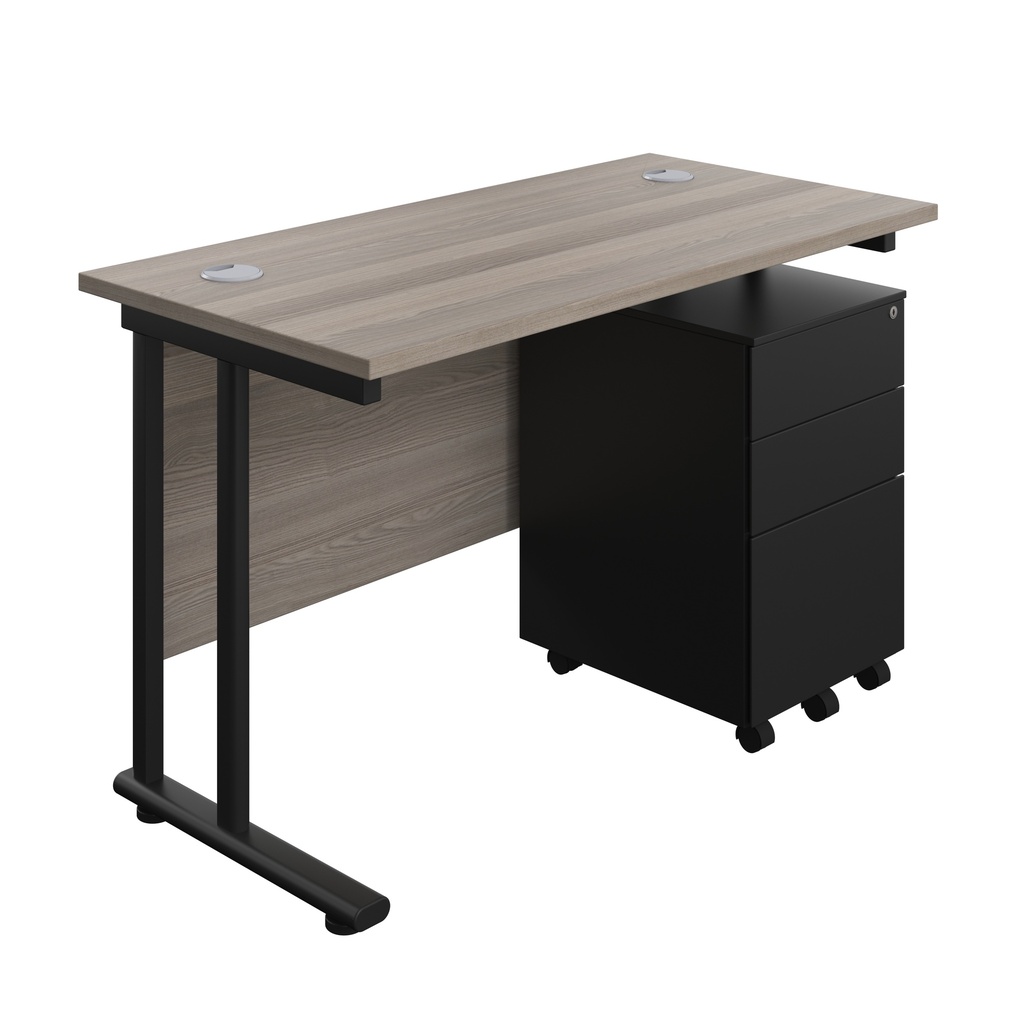 Twin Upright Rectangular Desk + Under Desk Steel Pedestal 3 Drawers (FSC) | 1200X600 | Grey Oak/Black | 