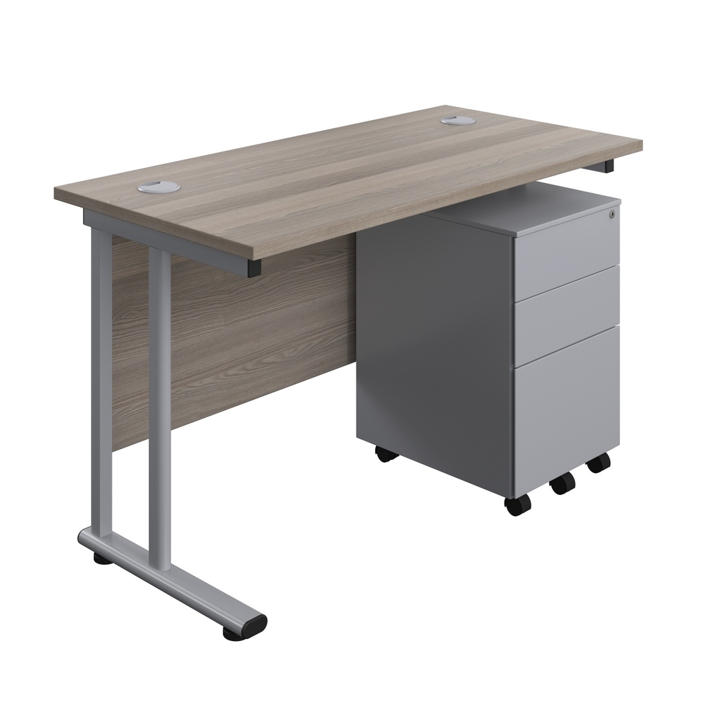 Twin Upright Rectangular Desk + Under Desk Steel Pedestal 3 Drawers (FSC) | 1200X600 | Grey Oak/Silver | 