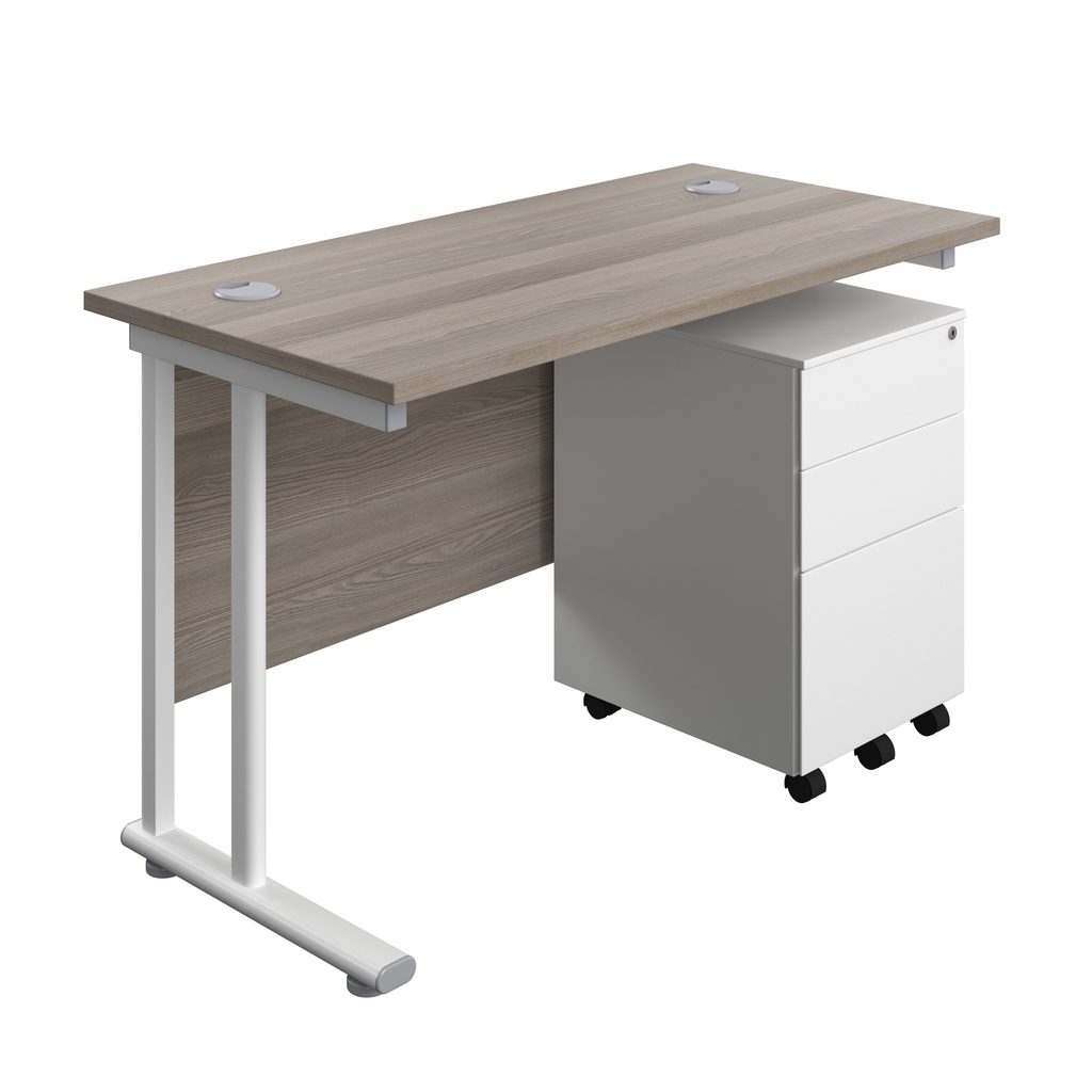 Twin Upright Rectangular Desk + Under Desk Steel Pedestal 3 Drawers (FSC) | 1200X600 | Grey Oak/White | 