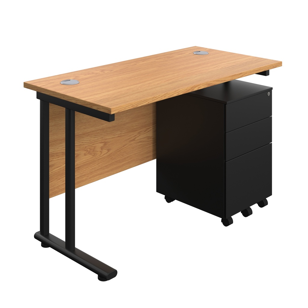 Twin Upright Rectangular Desk + Under Desk Steel Pedestal 3 Drawers (FSC) | 1200X600 | Nova Oak/Black | 