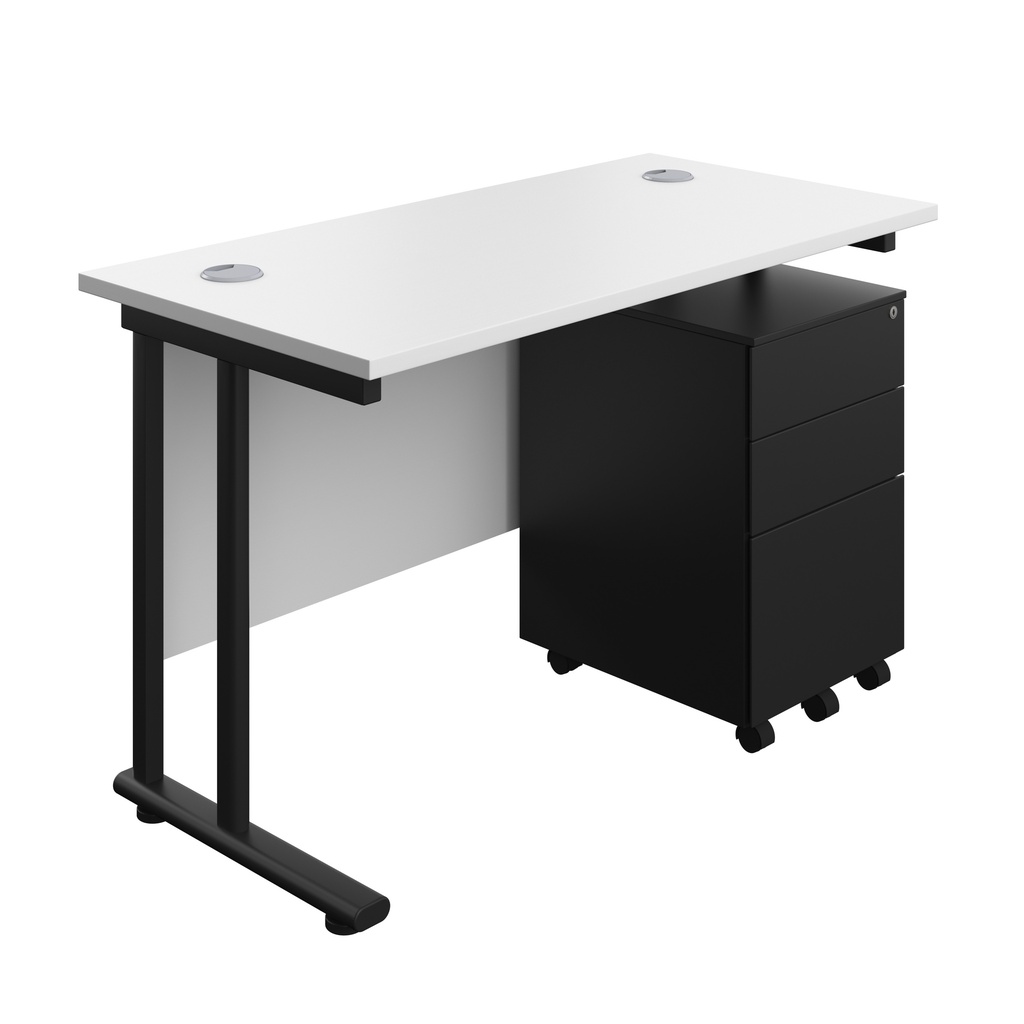 Twin Upright Rectangular Desk + Under Desk Steel Pedestal 3 Drawers (FSC) | 1200X600 | White/Black | 