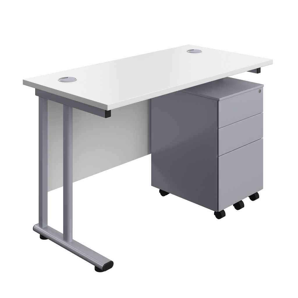 Twin Upright Rectangular Desk + Under Desk Steel Pedestal 3 Drawers (FSC) | 1200X600 | White/Silver | 