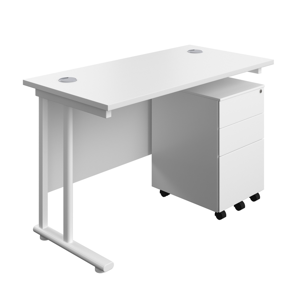 Twin Upright Rectangular Desk + Under Desk Steel Pedestal 3 Drawers (FSC) | 1200X600 | White/White | 
