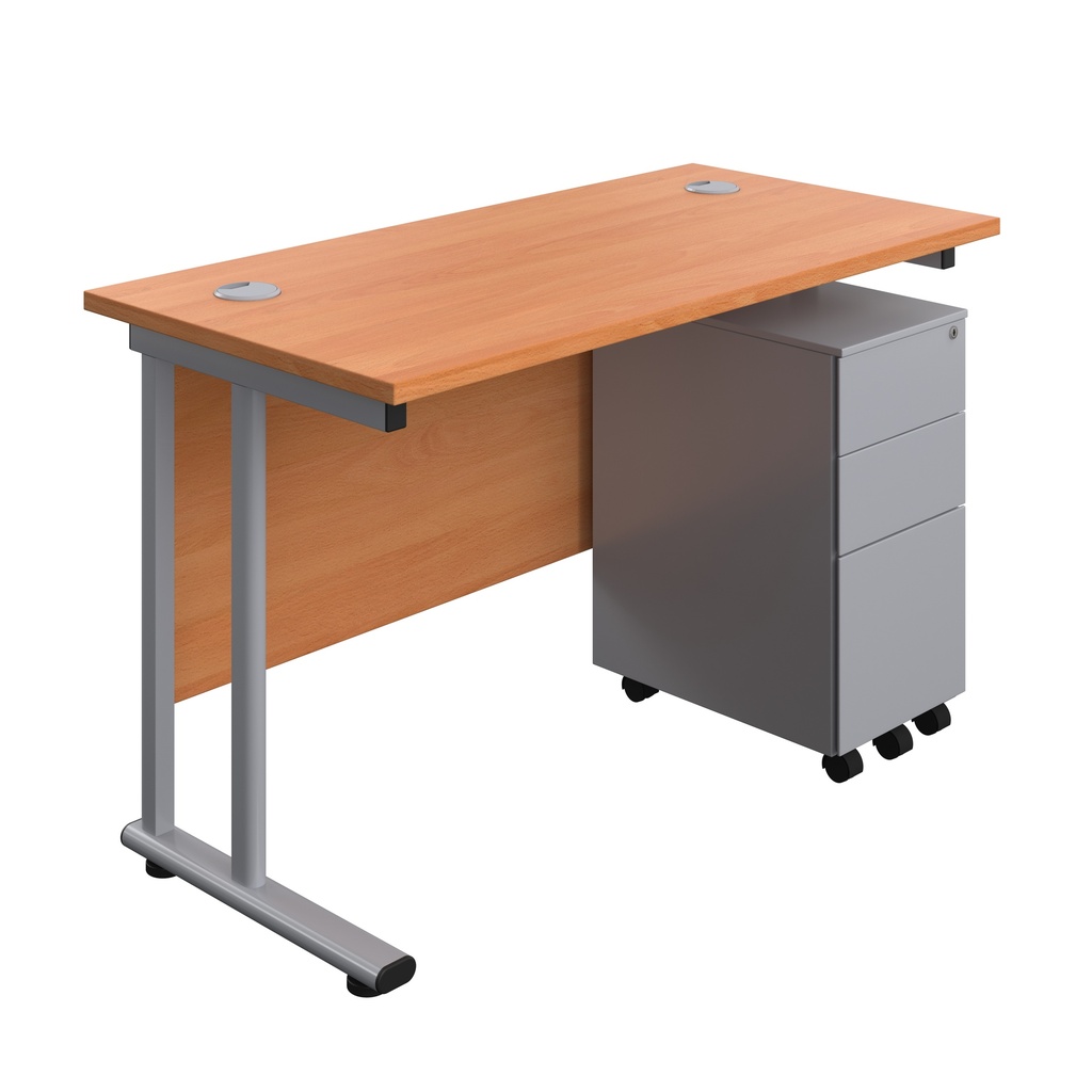 Twin Upright Rectangular Desk + Slimline Steel Pedestal 3 Drawers (FSC) | 1200X600 | Beech/Silver | 
