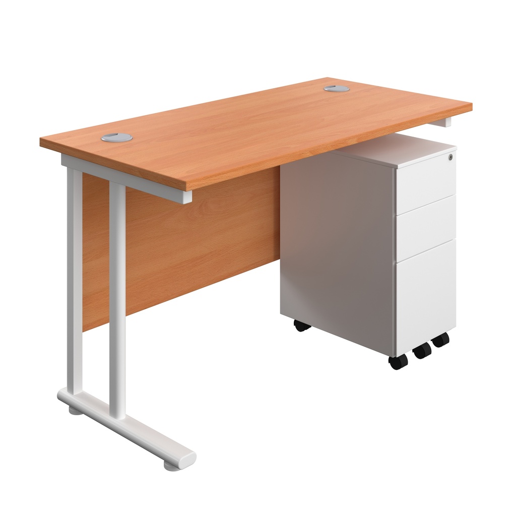 Twin Upright Rectangular Desk + Slimline Steel Pedestal 3 Drawers (FSC) | 1200X600 | Beech/White | 