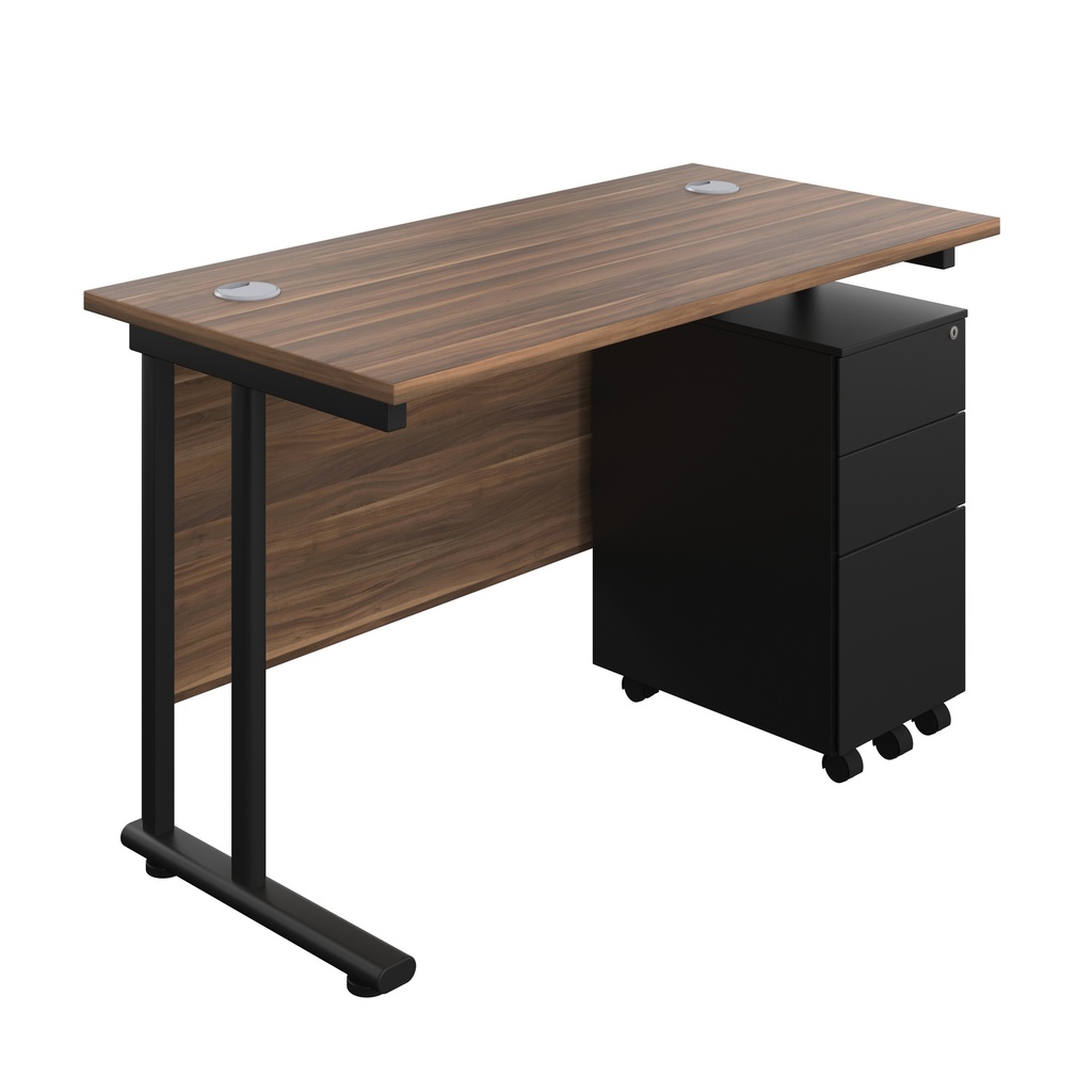 Twin Upright Rectangular Desk + Slimline Steel Pedestal 3 Drawers (FSC) | 1200X600 | Dark Walnut/Black | 