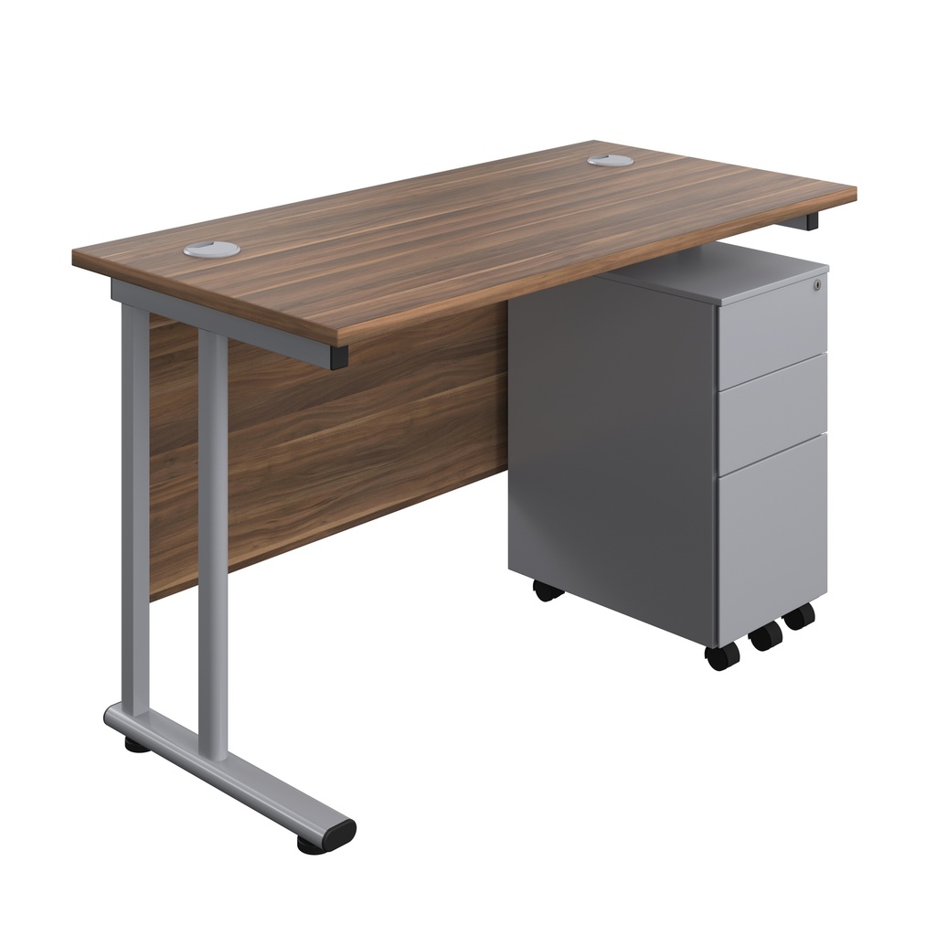 Twin Upright Rectangular Desk + Slimline Steel Pedestal 3 Drawers (FSC) | 1200X600 | Dark Walnut/Silver | 