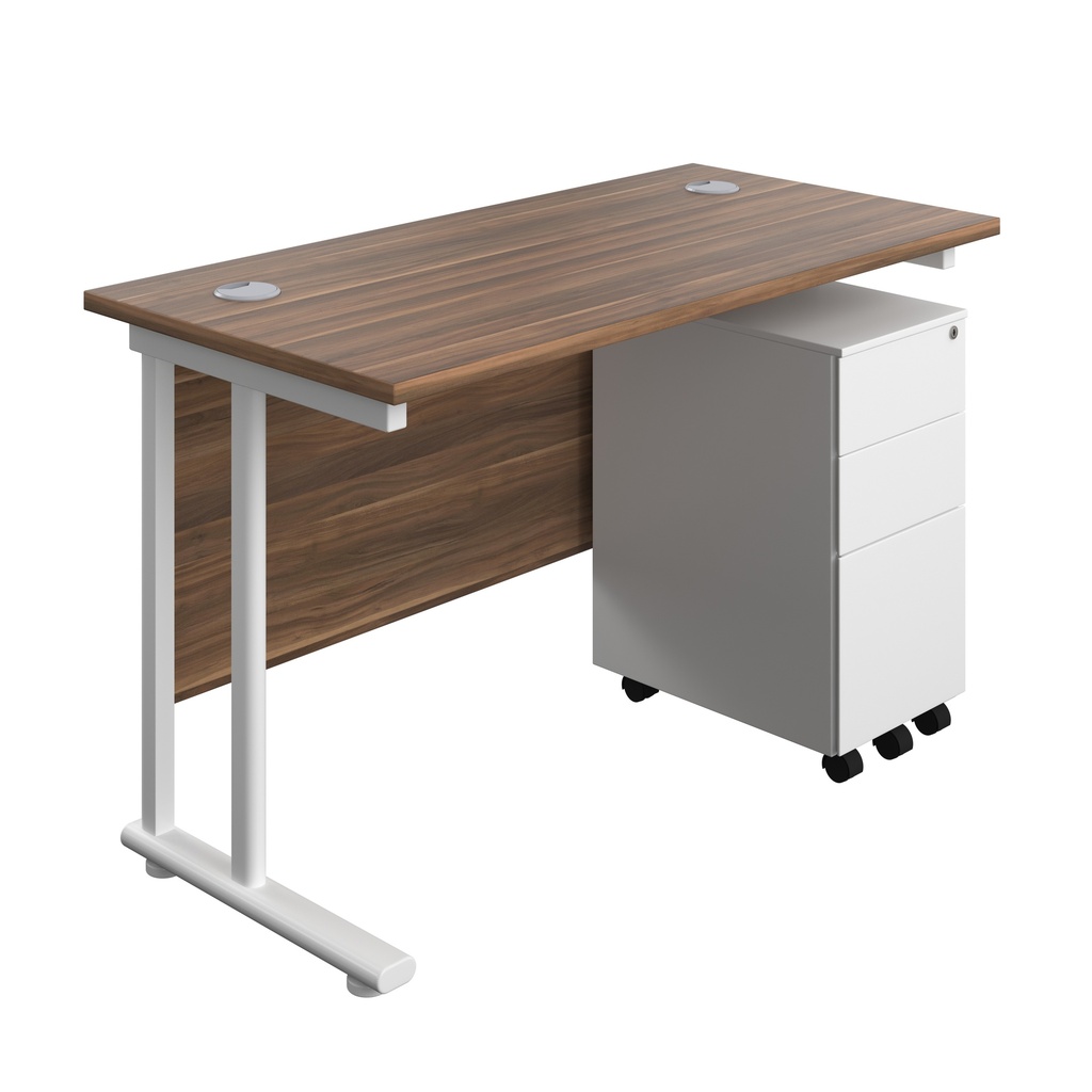 Twin Upright Rectangular Desk + Slimline Steel Pedestal 3 Drawers (FSC) | 1200X600 | Dark Walnut/White | 