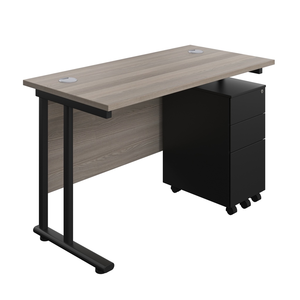 Twin Upright Rectangular Desk + Slimline Steel Pedestal 3 Drawers (FSC) | 1200X600 | Grey Oak/Black | 