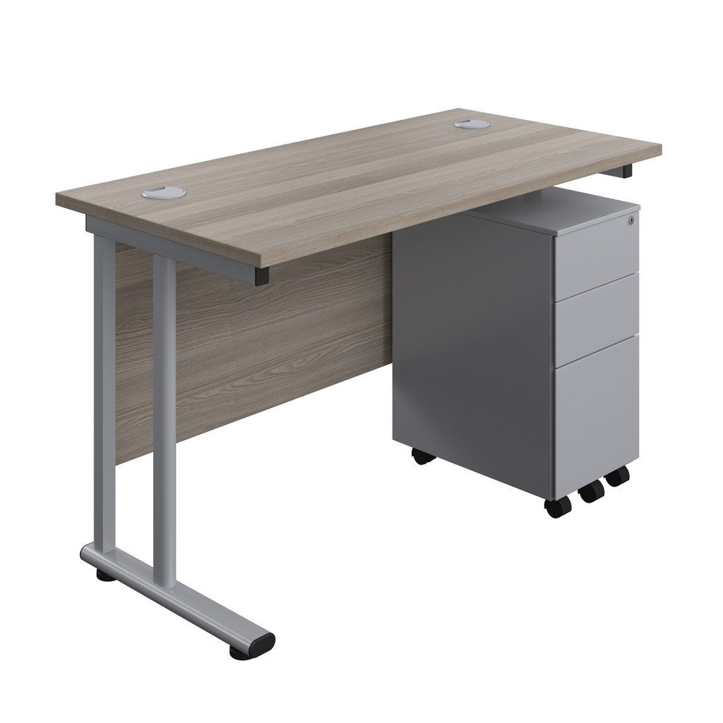 Twin Upright Rectangular Desk + Slimline Steel Pedestal 3 Drawers (FSC) | 1200X600 | Grey Oak/Silver | 