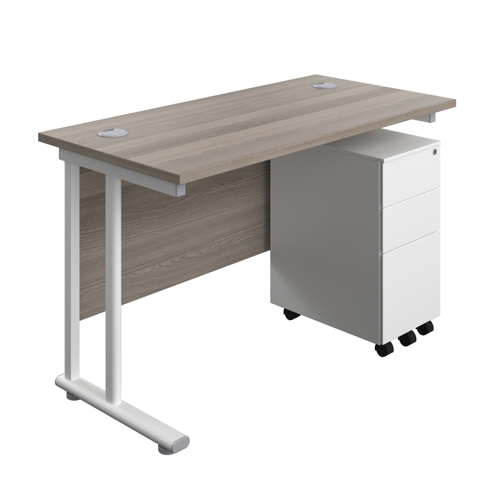 Twin Upright Rectangular Desk + Slimline Steel Pedestal 3 Drawers (FSC) | 1200X600 | Grey Oak/White | 