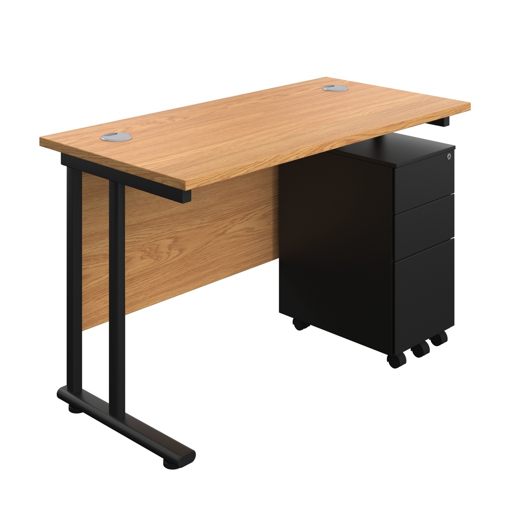 Twin Upright Rectangular Desk + Slimline Steel Pedestal 3 Drawers (FSC) | 1200X600 | Nova Oak/Black | 