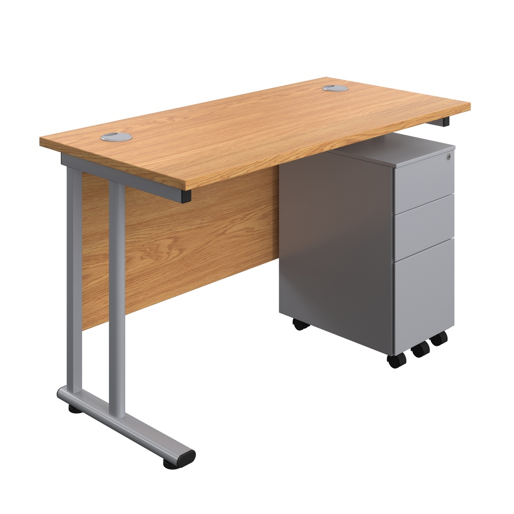 Twin Upright Rectangular Desk + Slimline Steel Pedestal 3 Drawers (FSC) | 1200X600 | Nova Oak/Silver | 