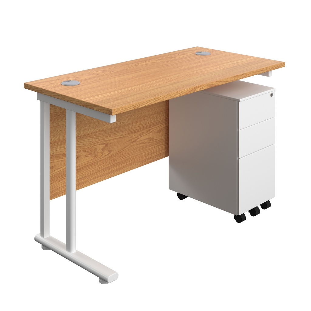 Twin Upright Rectangular Desk + Slimline Steel Pedestal 3 Drawers (FSC) | 1200X600 | Nova Oak/White | 