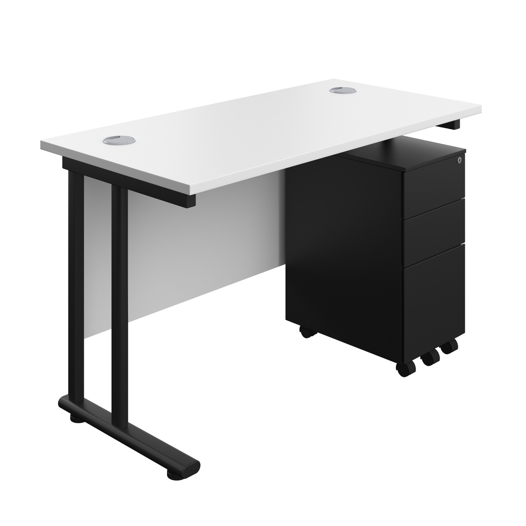 Twin Upright Rectangular Desk + Slimline Steel Pedestal 3 Drawers (FSC) | 1200X600 | White/Black | 
