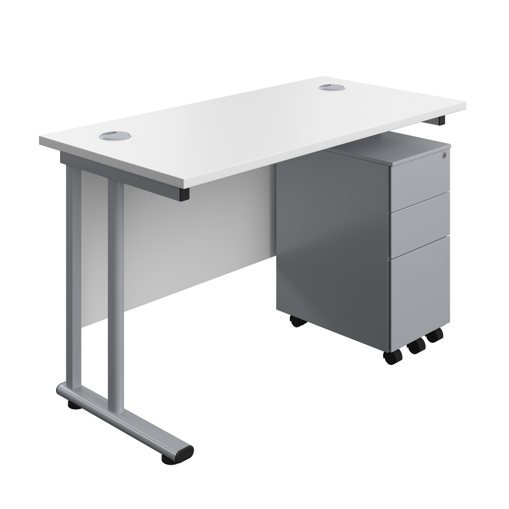 Twin Upright Rectangular Desk + Slimline Steel Pedestal 3 Drawers (FSC) | 1200X600 | White/Silver | 